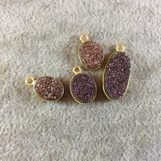 Jeweler's Lot Gold Finish Purple Gold Oval Shaped Natural Druzy Agate Bezel Pendants DOPG1 ~ 11mm - 21mm Long - Sold In Lot Of 4 As Shown