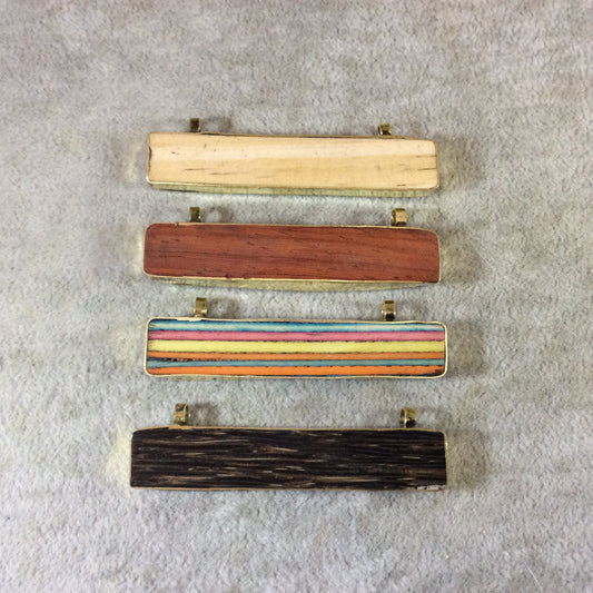 Red/Brown Natural wood Horizontal Rectangle/Bar Shaped Carved Focal Pendant - ~ 61mm x 12mm Approximately - Sold Individually