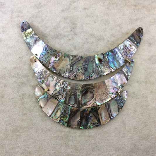 5.5" Three Piece Gold Finish Rainbow Abalone Shell Inlaid End Drilled Crescent-Shaped Bib Focal Pendant - ~ 135mm x 110mm - Sold Per Set