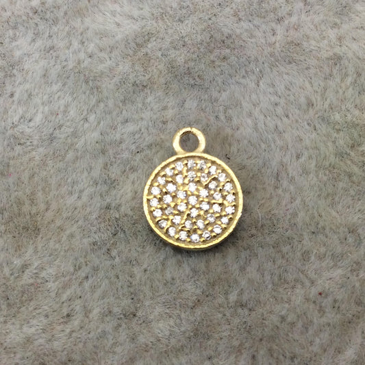 Tiny Gold Finish Round/Coin Shaped CZ Cubic Zirconia Inlaid Plated Copper Pendant Component - Measuring 10mm x 10mm - Sold Individually