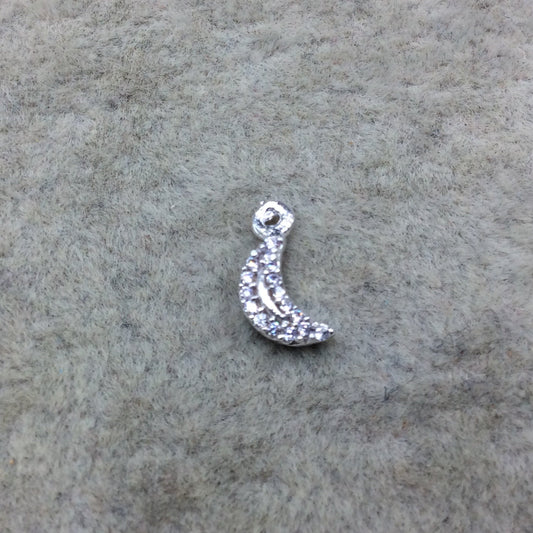 Tiny Silver Finish Vertical Crescent Moon Shape CZ Cubic Zirconia Inlaid Plated Copper Pendant Component ~ 5mm x 8mm - Sold Individually