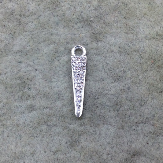 Tiny Silver Finish Spike/Arrow Shaped CZ Cubic Zirconia Inlaid Plated Copper Pendant Component - Measuring 3mm x 15mm - Sold Individually