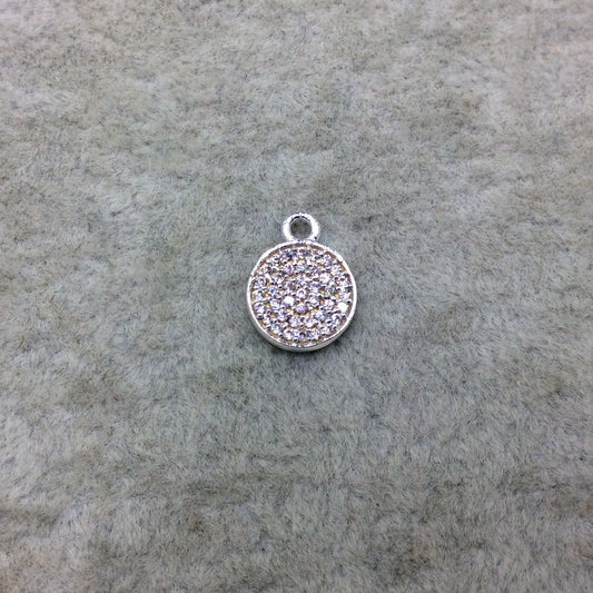 Tiny Silver Finish Round/Coin Shaped CZ Cubic Zirconia Inlaid Plated Copper Pendant Component - Measuring 9mm x 9mm - Sold Individually