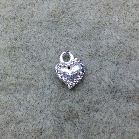 Tiny Silver Finish Freeform Heart Shape CZ Cubic Zirconia Inlaid Plated Copper Pendant Component - Measures 6mm x 6mm - Sold Individually