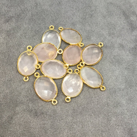 Gold Plated Natural Pale Rose Quartz Faceted Oblong Oval Shaped Copper Bezel Connector - Measures 12mm x 16mm - Sold Individually, Random