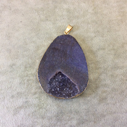 OOAK Large Gold Electroplated Freeform Shaped Purple/Gray Agate Druzy "A23" Slice Focal Pendant W Bail- ~ 40mm x 50mm, Sold As Shown