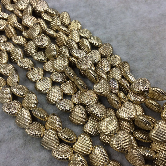 Gold Finish All-Over Dotted Pattern Puffed Heart Shape Plated Pewter Beads (26399)- 8" Strand (Approx 22 Beads) - 8mm x 10mm - 1mm Hole Size