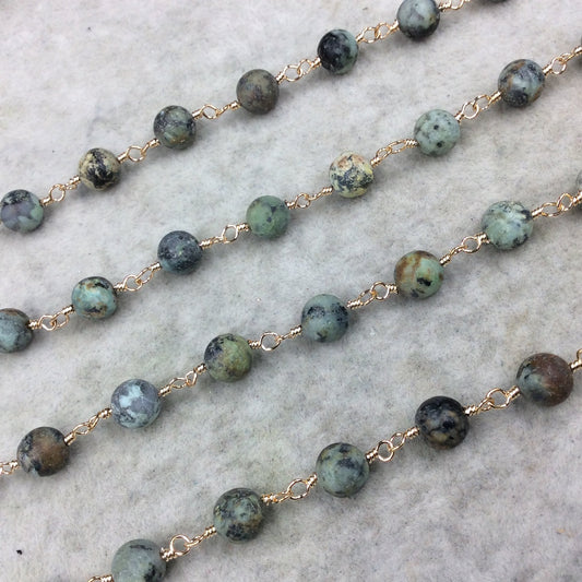 Gold Plated Copper Wrapped Rosary Chain with 8mm MATTE Smooth African Turquoise Jasper Round Shaped Beads - Sold by the foot! (CH421-GD)