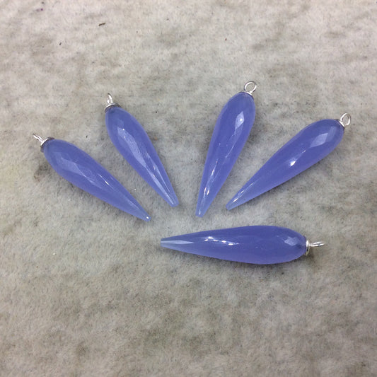 Periwinkle Blue Quartz Bezel | Large Sterling Silver Finish Faceted Spike Opaque Pendant Component ~ 10mm x 35 - 40mm - Sold Per Each