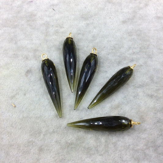 Large Gold Plated Sterling Silver Finish Faceted Spike Transparent Olive Green Quartz Pendant ~ 10 x 35-40mm - Sold Per Each, At Random