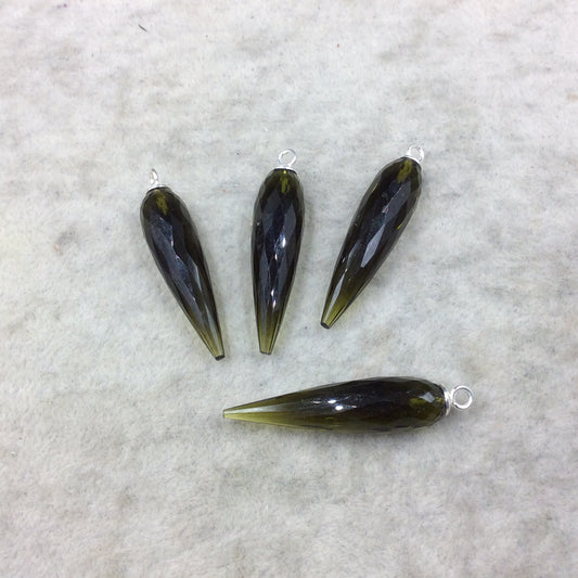 Olive Green Quartz Bezel | Large Sterling Silver Finish Faceted Spike Transparent Component - 10mm x 35 - 40mm - Sold Per Each