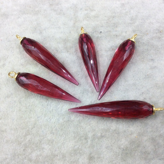 Large Gold Plated Sterling Silver Finish Faceted Spike Transparent Magenta Quartz Pendant ~ 10 x 35-40mm - Sold Per Each, At Random