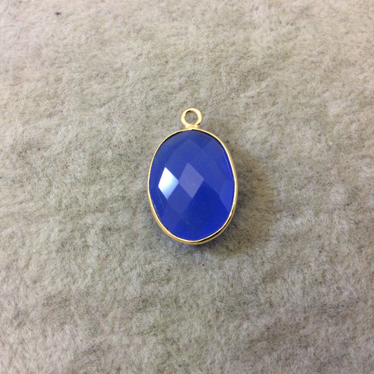 Gold Finish Faceted Semi-Transparent Denim Blue Chalcedony Vertical Oval Shaped Bezel Pendant - Measuring 12mm x 16mm - Natural Gemstone