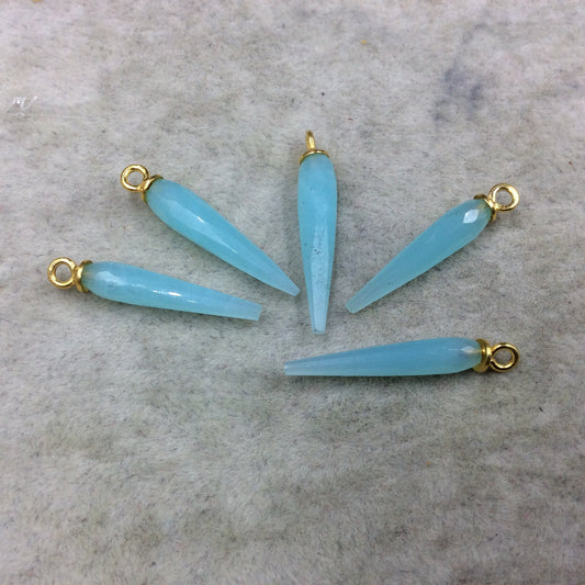 Aqua Blue Quartz Bezel | Small Gold Plated Sterling Silver Finish Faceted Spike Opaque Pendant ~ 7mm x 22-25mm - Sold Per Each, At Random