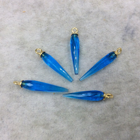 Small Gold Plated Sterling Silver Finish Faceted Spike Transparent Cerulean Blue Quartz Pendant ~ 7 x 22-25mm - Sold Per Each, At Random