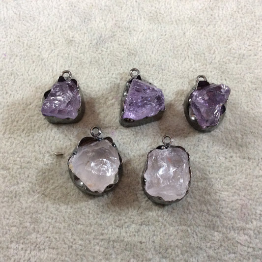 Gunmetal Finish Large Raw Nugget Genuine Pale Amethyst Wavy Bezel Pendant - ~ 20mm - 23mm Long - Sold Individually, Selected Randomly