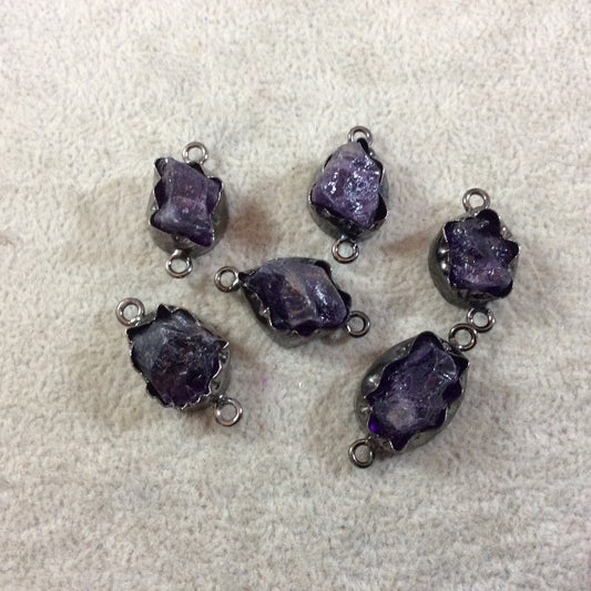 Gunmetal Finish Medium Raw Nugget Genuine Dark Amethyst Wavy Bezel Connector - ~ 16mm - 20mm Long - Sold Individually, Selected Randomly