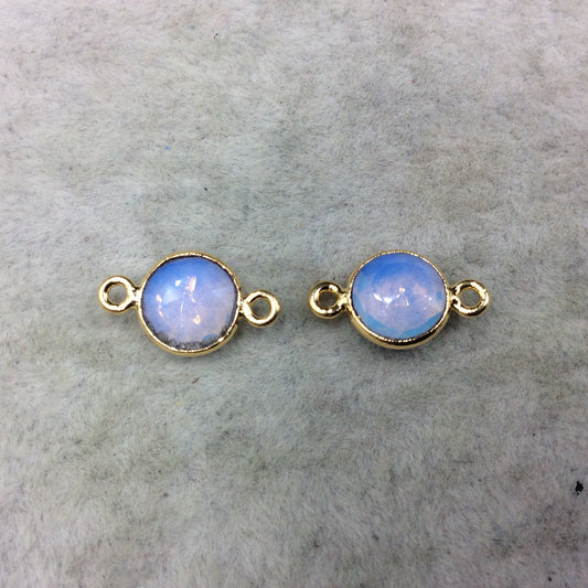 Gold Finish Faceted Milky Opalite Round/Coin Shape Bezel Two Ring Connector Component - Measuring 8mm x 8mm - Natural Semi-precious Gemstone