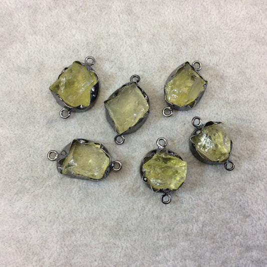 Gunmetal Finish Medium Raw Nugget Genuine Lemon Quartz Wavy Bezel Connector - ~ 15mm - 20mm Long - Sold Individually, Selected Randomly
