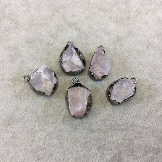 Gunmetal Finish Medium Raw Nugget Genuine Rose Quartz Wavy Bezel Pendant - ~ 17mm - 20mm Long - Sold Individually, Selected Randomly