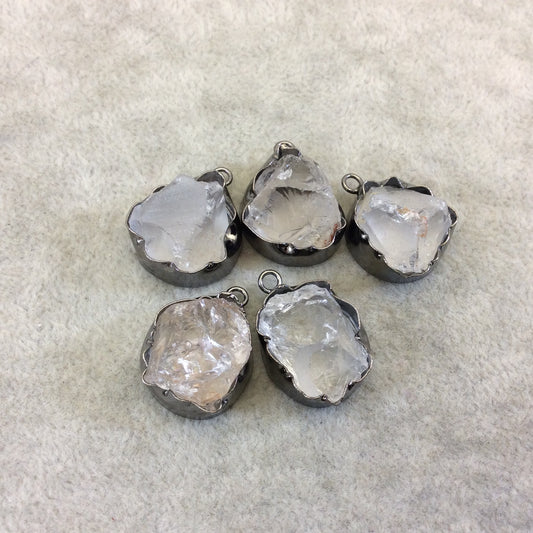 Gunmetal Finish Medium Raw Nugget Genuine Mixed White Quartz Wavy Bezel Pendant ~ 16mm - 20mm Long - Sold Individually, Selected Randomly