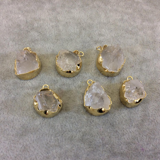 Gold Finish Medium Raw Nugget Genuine Mixed White Quartz Wavy Bezel Pendant - ~ 16mm - 20mm Long - Sold Individually, Selected Randomly