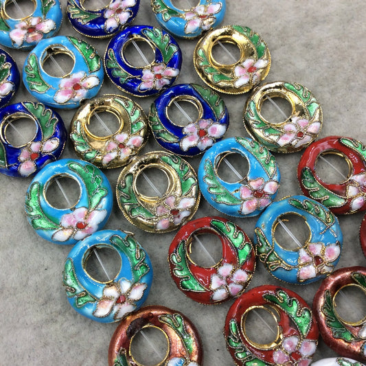 20mm Decorative Floral Multicolored Puffed Donut Shaped Metal/Enamel Cloisonné Beads - Sold by 15" Strands (Approx. 20 Beads Per Strand)