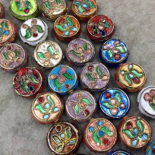 14mm Decorative Floral Multicolored Flat Disc/Coin Shaped Metal/Enamel Cloisonné Beads - Sold by 15" Strands (Approx. 29 Beads Per Strand)