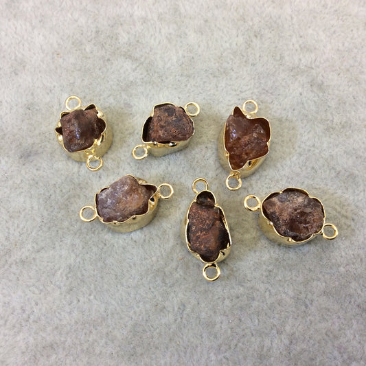 Gold Finish Small Raw Nugget Genuine Hessonite Garnet Wavy Bezel Connector - ~ 12mm - 16mm Long - Sold Individually, Selected Randomly