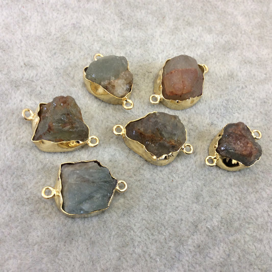 Gold Finish Medium Raw Nugget Genuine Moss Aquamarine Wavy Bezel Connector - ~ 16mm - 20mm Long - Sold Individually, Selected Randomly