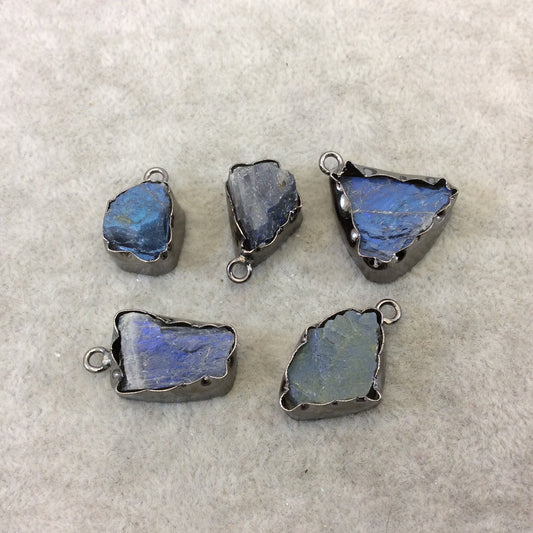 Gunmetal Finish Medium Raw Nugget Genuine Labradorite Wavy Bezel Pendant ~ 16mm - 20mm Long - Sold Individually, Selected Randomly