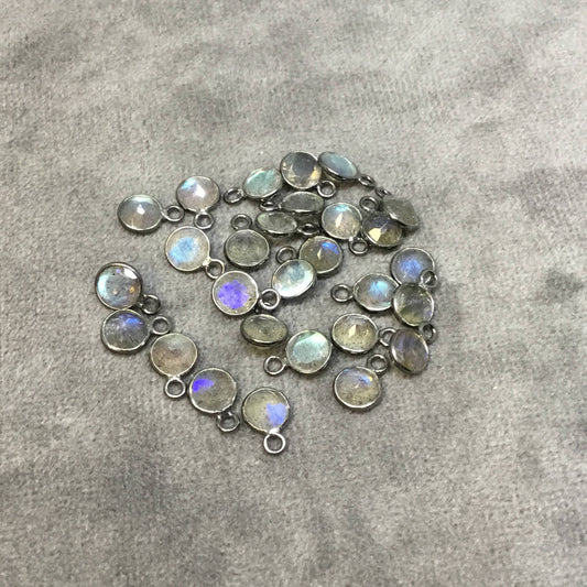 BULK PACK of Six (6) Gunmetal Sterling Silver Pointed/Cut Stone Faceted Round/Coin Shaped Labradorite Bezel Pendants - Measuring 5mm x 5mm