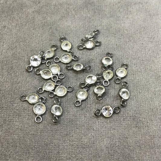 BULK PACK of Six (6) Gunmetal Sterling Silver Pointed/Cut Stone Faceted Round/Coin Shaped Clear Quartz Bezel Connectors - Measuring 4 x 4mm