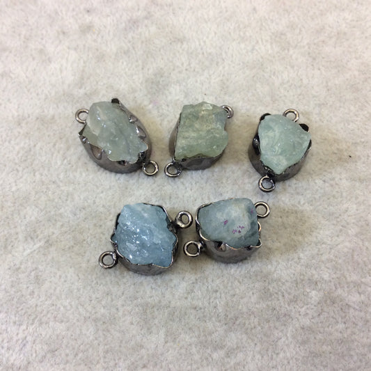Gunmetal Finish Medium Raw Nugget Genuine Aquamarine Wavy Bezel Connector ~ 16mm - 20mm Long - Sold Individually, Selected Randomly