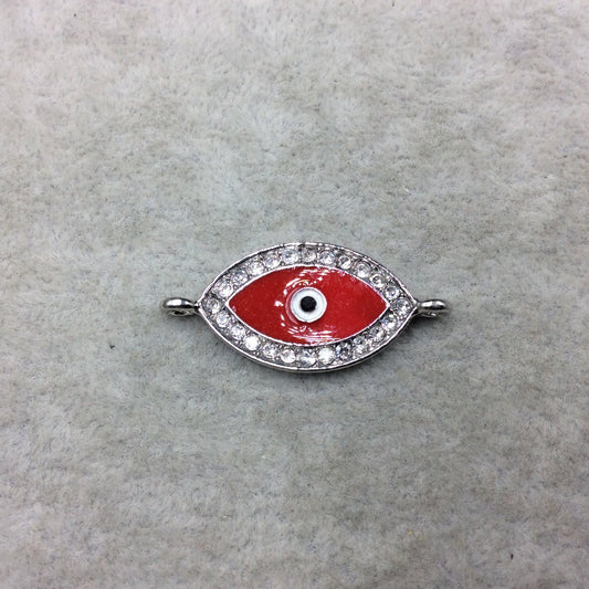 Medium Red Enameled Silver Plated Copper Rhinestone Inlaid Evil Eye Shaped Focal Connector - Measuring 15mm x 25mm, Approximately