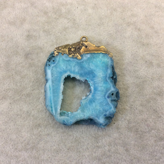 OOAK Rustic Brass Electroplated Aqua/Pale Aqua Druzy Solar Quartz Freeform Focal Pendant "SQP-11" - Measuring 40mm x 40mm Approximately
