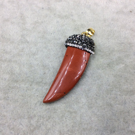 Rhinestone Encrusted Tusk/Claw Shaped Mottled Red Jasper Pendant W Gold Bail ~ 19mm x 43mm, Approx. - Sold Individually