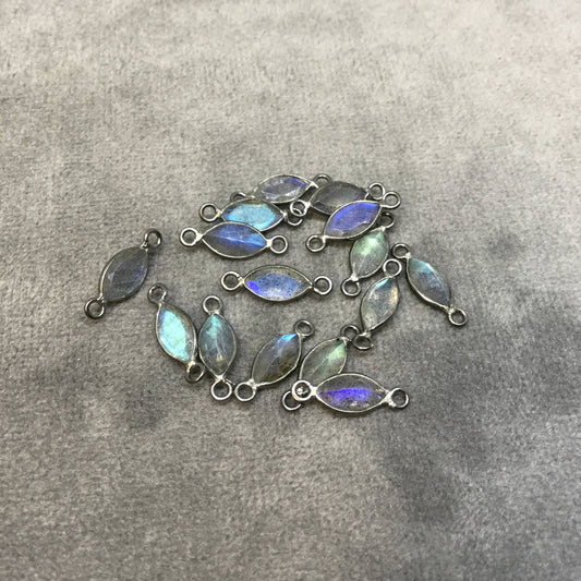 BULK PACK of Six (6) Gunmetal Sterling Silver Pointed/Cut Stone Faceted Marquise Shaped Labradorite Bezel Connectors - Measuring 4mm x 8mm