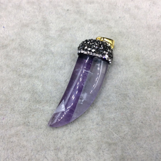 Rhinestone Encrusted Tusk/Claw Shaped Purple/Clear Colored Amethyst Pendant W Gold Bail - ~ 19mm x 43mm, Approx. - Sold Individually
