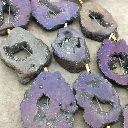 35-45mm x 55-65mm Large Gray/Purple Titanium Coated Druzy Agate Geode Slab Beads - Approximately 6-8 beads per strand - Natural Gemstone