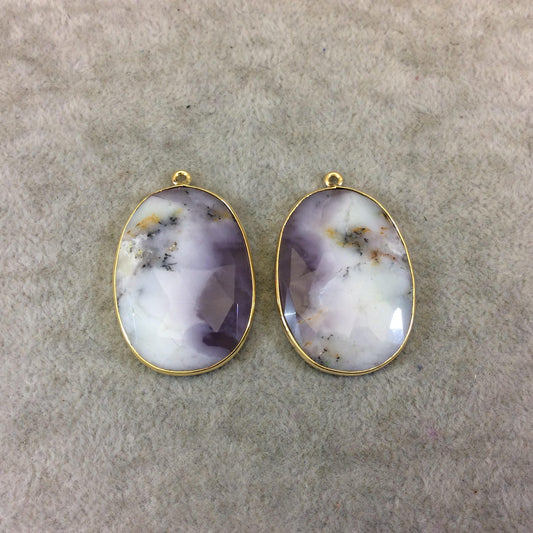 One Pair of OOAK Gold Finish Smooth Dendritic Opal Oval/Oblong Shaped Bezel Pendants "DOGD05" - Measuring 25mm x 34mm - Natural Gemstone