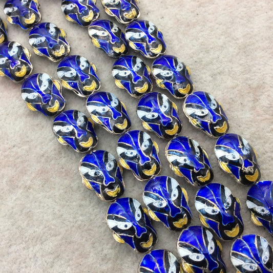 15mm x 18mm Decorative Cobalt Blue Superhero Mask Shape Metal/Enamel Cloisonné Beads - Sold by 15" Strands (~ 22 Beads Per Strand)