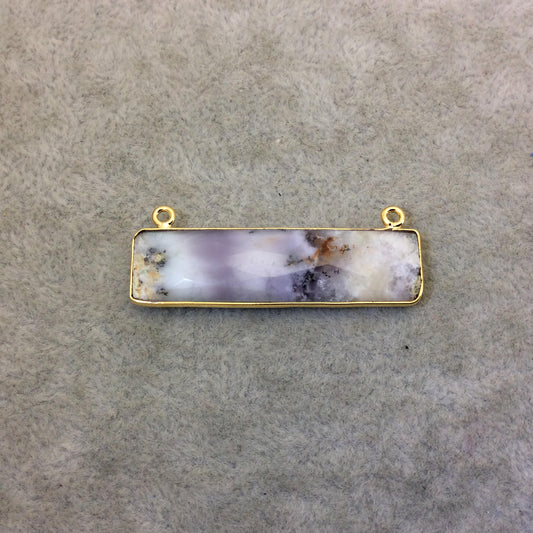 Gold Plated Faceted Natural Dendritic Opal Rectangle/Bar Shaped Bezel Connector ~ 10mm x 40mm - Sold Individually, Chosen Randomly
