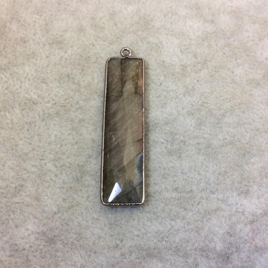Labradorite Bezel | Gunmetal Plated Faceted Natural Rainbow Rectangle/Bar Shaped Pendant - ~ 10mm x 40mm -Sold Individually, Chosen Randomly