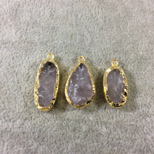 Jeweler's Lot of Three Gold Electroformed Natural Rough Rose Quartz Freeform Pendants "RQE22"- ~ 20mm - 25mm Long - Quality Raw Gemstone