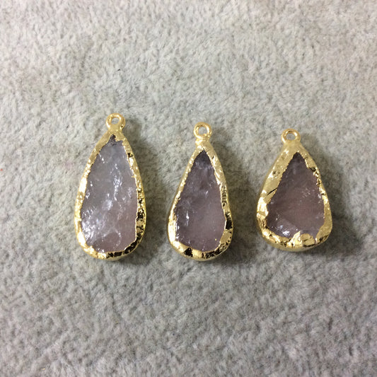 Jeweler's Lot of Three Gold Electroformed Natural Rough Rose Quartz Freeform Pendants "RQE11"- ~ 19mm - 24mm Long - Quality Raw Gemstone