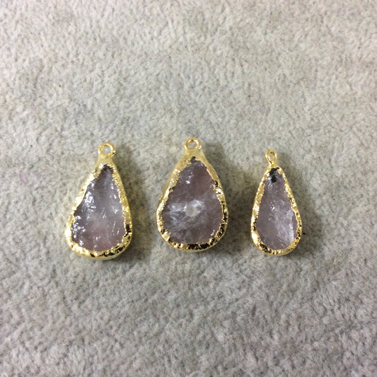 Jeweler's Lot of Three Gold Electroformed Natural Rough Rose Quartz Freeform Pendants "RQE17"- ~ 18mm - 22mm Long - Quality Raw Gemstone