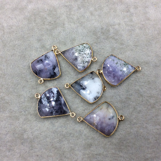 Gold Plated Faceted Natural Dendritic Opal Fan Shape Bezel Connector - Measures ~ 20-22mm x 20-22mm - Sold Individually, Chosen Randomly