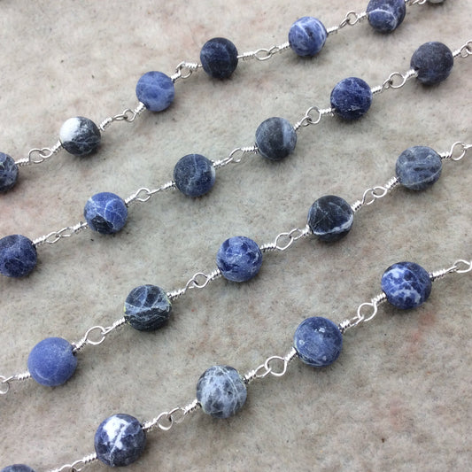 Silver Plated Copper Rosary Chain with 8mm Matte Round Shaped Blue/White Sodalite Beads - Sold by the Foot! - Natural Beaded Chain