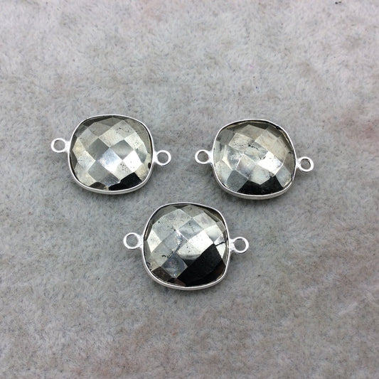 Sterling Silver Faceted Square Shaped Natural Pyrite Bezel Connector Component - Measuring 16mmx16mm - Sold Individually, Random
